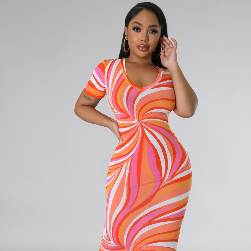 Bodycon Dress Elegant Women's V-Neck Stretch Dress with Back Slit, Orange Dress,